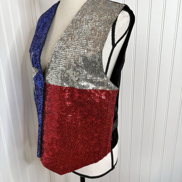 Sequined Texas Flag Vest - Bling Bold Red White Blue & Silver - Picture 3 of 9